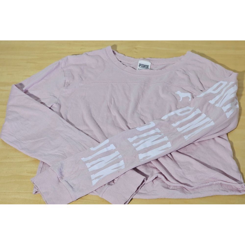 PINK Victoria's Secret Long Sleeve Cotton Cropped Pink Tee T Shirt with Logo XS